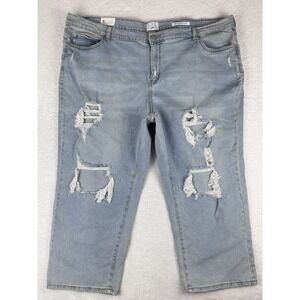 True Craft Womens 24W Cropped Baggy Straight High Rise Jeans Blue Distressed NWT